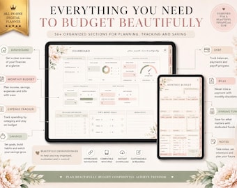 May include: A digital budget planner displayed on a tablet and smartphone, featuring sections for dashboard, monthly budget, expense tracking, savings, debt, bills, sinking funds, and notes, with floral accents and text including Everything You Need To Budget Beautifully.