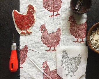 Rooster Linocut Print on Textile