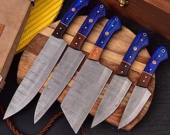 Juego de cuchillos de chef de Damasco / Cuchillos de cocina hechos a mano de 5 piezas con funda de cuero / Regalo para hombres y chefs / Juego de cuchillos de cocina personalizado