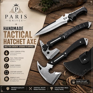 May include: A set of three metal tools including a pointed knife and two hatchets with black handles. The image features text reading PARIS KNIVES, HANDMADE TACTICAL HATCHET AXE, and lists features like high carbon steel and full tang design.