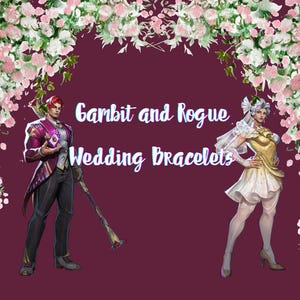 Pode incluir: Ilustração com o texto "Gambit and Rogue Wedding Bracelets". Apresenta um homem de fato roxo e preto e uma mulher com um vestido dourado e branco, sobre um fundo bordô com decorações florais. Tema: casamento.