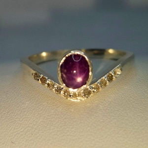 Anillo de diamantes y rubí estrella rosa – Plata de ley 925, joyería artesanal