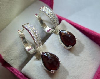 Garnet Drop Earrings - Pear Cut, Sterling Silver Zircon Halo