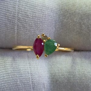 9K Gold Ruby & Emerald Ring - Vintage Marquise Two-Stone Engagement