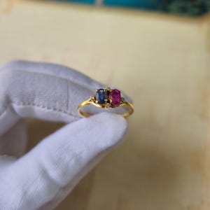 Handmade 9K Gold Ruby, Sapphire & Diamond Ring - Double Gemstone