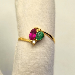 Handgemachter 9K Gold Rubin Smaragd Marquise Ring