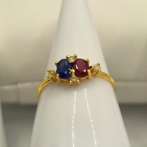 9K Gold Rubin, Saphir & Diamant Ring - Handgemachter Ovalschliff