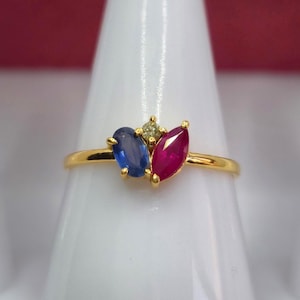 9K Gold Ring, Oval Sapphire, Ruby, Diamond Engagement Ring