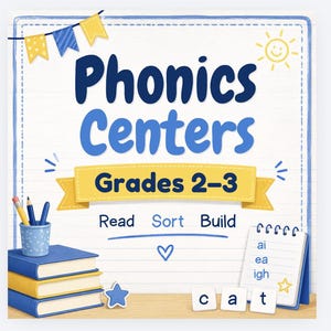 May include: A square educational graphic with a white background featuring the text Phonics Centers Grades 2-3. It includes illustrations of a blue pencil holder with pencils, a stack of three books, a small notepad with ai, ea, igh, and letter tiles spelling cat.