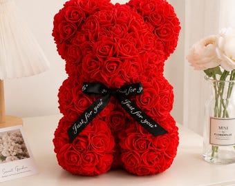 Pink Teddy Bear Gift | Eternal Rose Bear | Artificial Rose Teddy | Romantic Valentine's Gift | Anniversary & Mother's Day Present