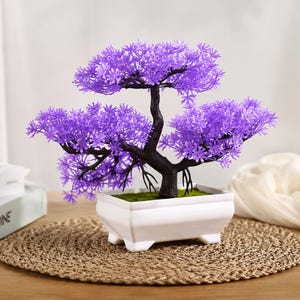 Artificial Purple Bonsai Tree with Pot – Realistic Faux Plant | Japanese Home Decor, Office Desk Decoration, Maintenance Free