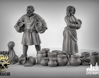 SET of 2 Townsfolk & Pots Scatter Miniatures - 3D Printed Duncan Shadow Louca Models