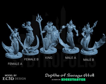 Merfolk Miniatures - Male, Female, and King Options - 3D Printed Model by EC3D