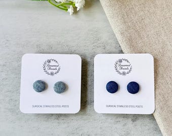 Classic Denim Fabric Button Studs | Woven Linen Cotton Earrings | Blue Jean Accessory
