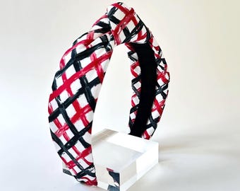 Red and Black Cotton Top Knot Headband | Checkered Hair Accessory | Gameday Fashion