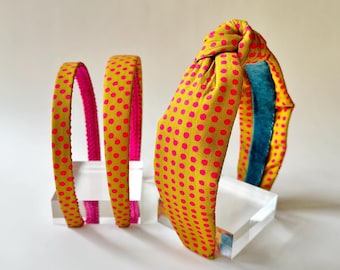 Gold and Pink Dot Headband | Retro Polka Dot Cotton Top Knot , Slim Alice Band