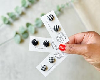 Black and White Fabric Button Earrings | Gingham Studs | Polka Dot Earrings | Surgical Stainless Steel