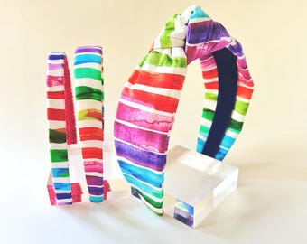 Rainbow Striped Cotton Headband |  Top Knot, Slim Alice Band | Bold Colorful Summer Accessory