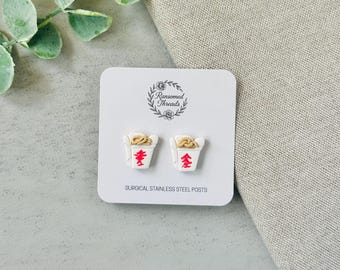 Chinese Takeout Box Stud Earrings | Handmade Polymer Clay | Noodle Box Jewelry