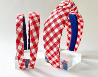 Red White Gingham Headband | Americana Summer Hair Accessory, Slim Alice Band, Top Knot