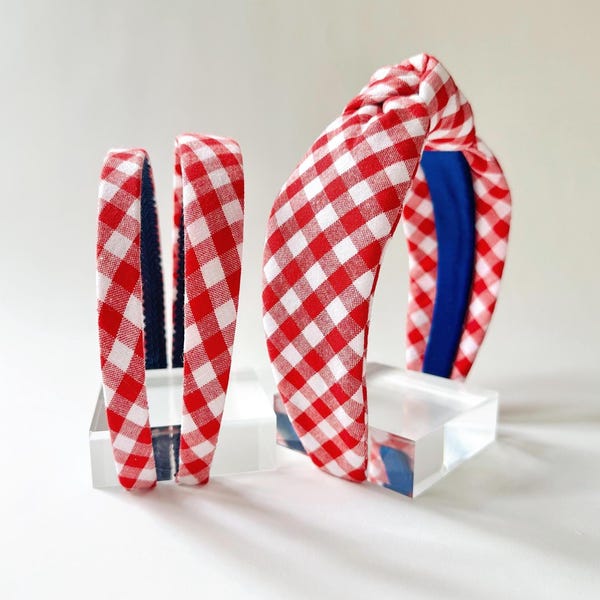 Red White Gingham Headband | Americana Summer Hair Accessory, Slim Alice Band, Top Knot
