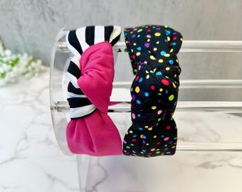 Cotton Top Knot Headband | Rainbow Polka Dot, Black White Stripe, Pink Accent