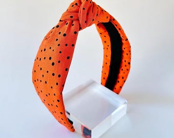 Orange Black Dot Top Knot Headband | Cotton Halloween Fabric Hair Accessory