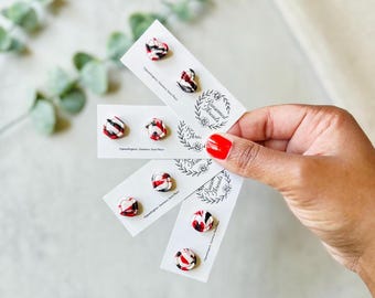 Red Black Granite Pattern Stud Earrings | Handmade Polymer Clay Gameday Jewelry