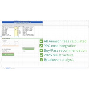 Op de afbeelding: Een spreadsheet met de titel "Amazon FBA ROI Calculator Pro" met secties voor productinformatie en winstanalyse. Het bevat Amazon-kostenberekeningen, PPC-kostenintegratie en een koop/pas-aanbeveling, plus een break-even analyse.