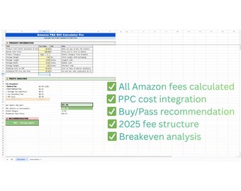 Calcolatore del ROI di Amazon FBA / Monitoraggio dei profitti con PPC / Commissioni 2025 / Modello di Fogli Google