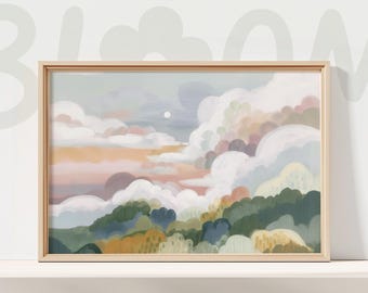 Dreamy Pastel Sky Wall Art Rolling Hills Clouds Gentle Landscape Painting Peaceful