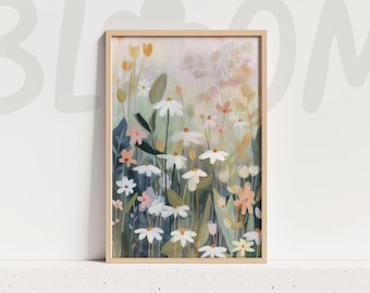 Pastel wildflower meadow wall art soft floral landscape painting nature decor