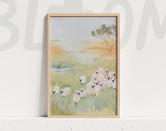 Sheep Meadow Landscape Wall Art Pastel Countryside Painting Farm Nature Home Decor Print