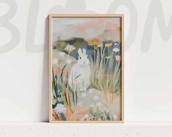 White Bunny Meadow Painting Soft Pastel Nature Artwork Gentle Nursery Wall Art