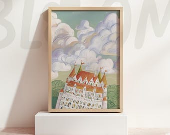 パステルカラーのおとぎ話のお城のアートプリント、気まぐれな雲、保育園の壁飾り、プリンセスストーリーブック、コテージコアイラスト