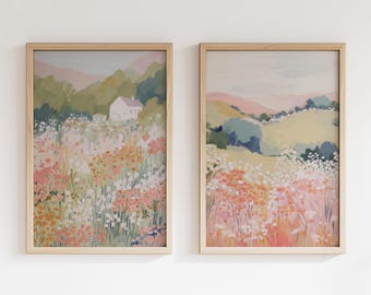 Pastel Landscape Wall Art Set Floral Meadow Hills Cottage Coordinated Gallery Decor Prints