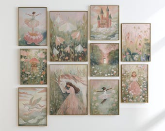 Pastel Fairytale Nursery Wall Art Bundle Princess Unicorn Castle Floral Ballet Whimsical Children Bedroom