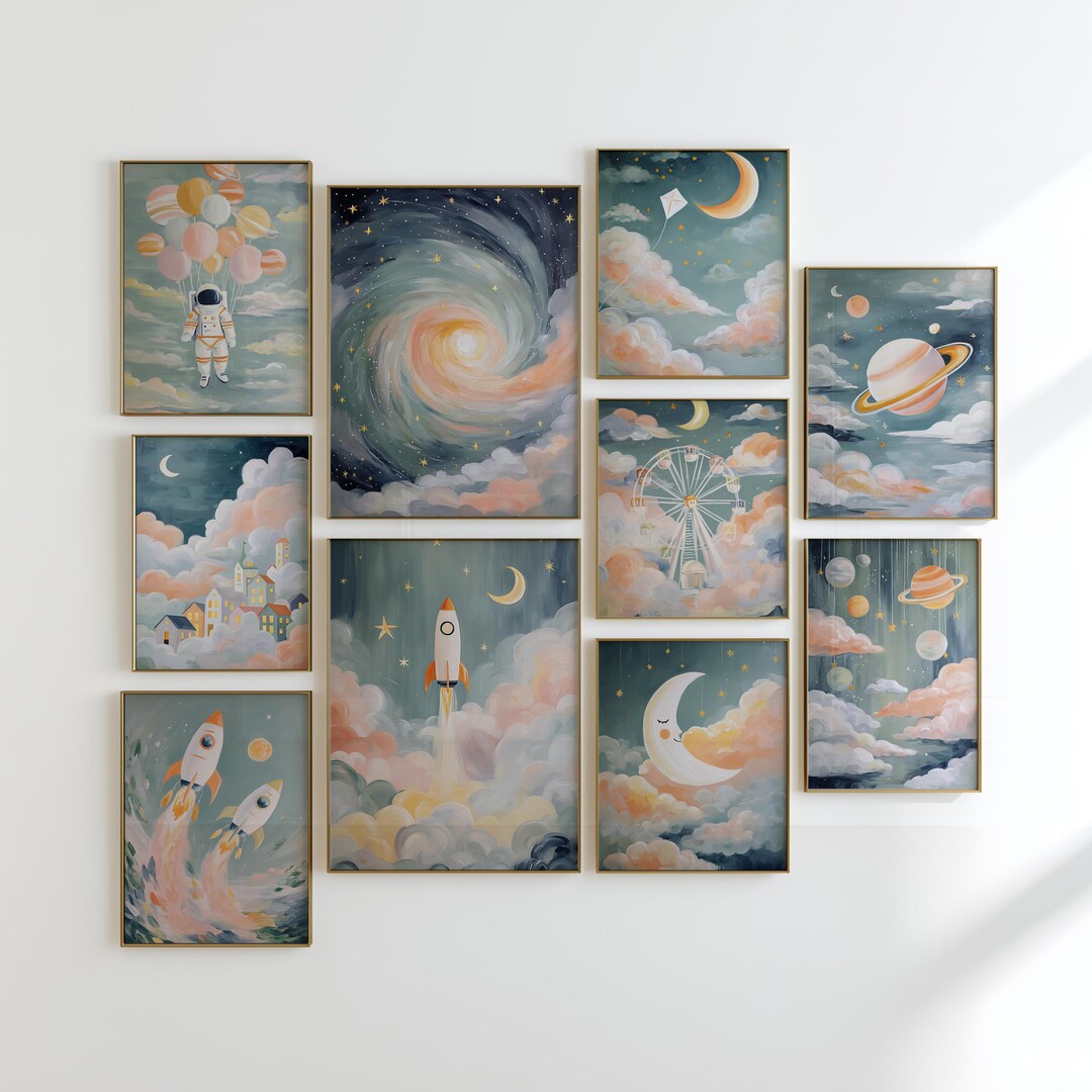 Dreamy Space Nursery Wall Art Rocket Astronaut Galaxy Planets Moon ...