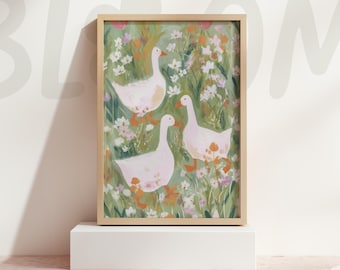 Whimsical Geese Meadow Painting Soft Pastel Florals Nursery Wall Art Print Cozy Cottage Decor