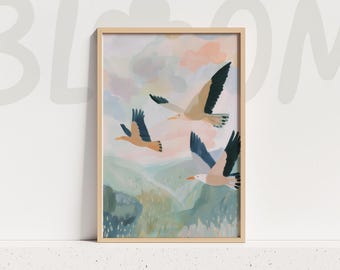 Flying Birds Landscape Painting Pastel Wall Art Nature Illustration Modern Home Decor