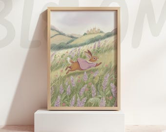 Whimsical Bunny Art Print Fairytale Castle Nursery Wall Decor Pastel Storybook Cottagecore Illustration