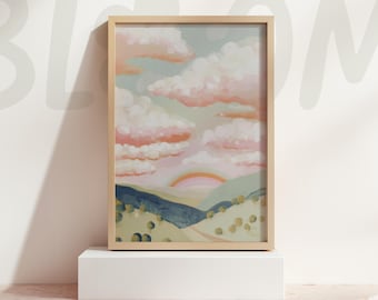 Pastel rainbow cloud landscape wall art soft sky hills modern travel decor