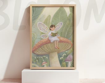 Whimsical Fairy Art Print Storybook Mushroom Nursery Wall Decor Pastel Cottagecore Illustration Girl Reading