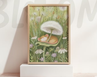 Whimsical mouse art print cozy woodland nursery wall decor sleeping animal illustration storybook style