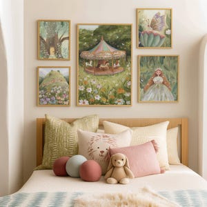 May include: A bedroom scene featuring framed art prints with whimsical illustrations of a carousel, a fairy, and a butterfly. Decorative pillows in various colors and textures, along with a stuffed bunny, adorn the bed, creating a cozy and artistic atmosphere.
