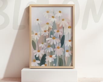 Pastel Daisy Floral Wall Art Soft Botanical Painting Neutral Cottage Home Decor