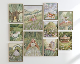 Fairytale meadow storybook art whimsical nursery wall print enchanted garden landscape pastel illustration bundle