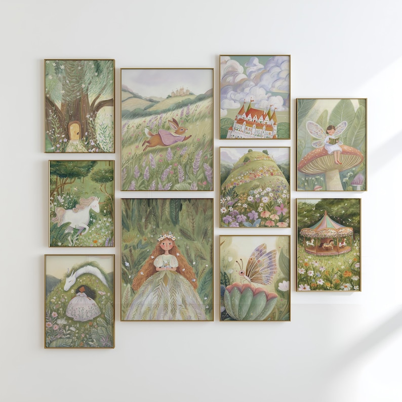 May include: A collection of framed art prints featuring whimsical illustrations. The artwork includes scenes of fairies, a carousel, a rabbit in a field, a castle, a unicorn, and a girl with a dragon, all in soft pastel colors.