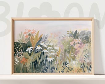 pastel wildflower meadow artwork soft floral landscape serene nature decor calming botanical wall illustration