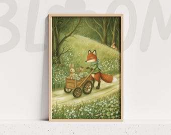 Fox Nursery Art Woodland Wagon Print Bunny Kids Room Illustration Forest Wall Art
